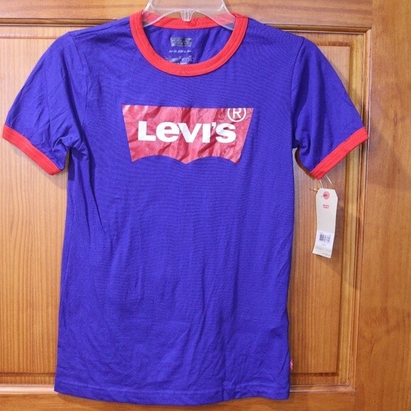 Levi’s Blue Ringer Spellout Logo Tee NWT Medium Youth Retro Graphic Shirt - Picture 2 of 12